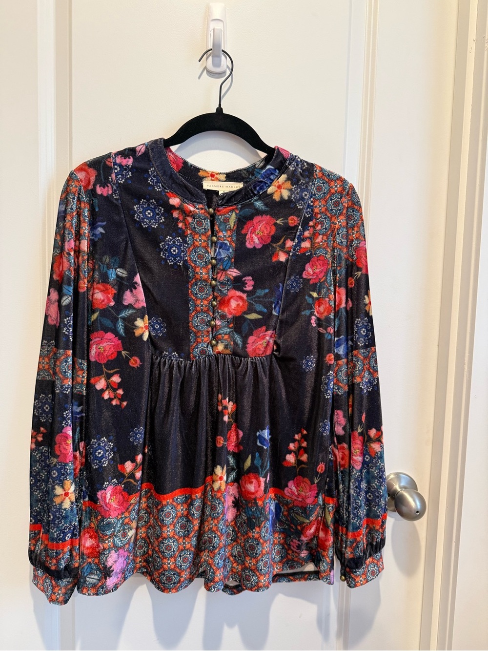 Farmers Market Velvet Floral Boho Babydoll Blouse Small
